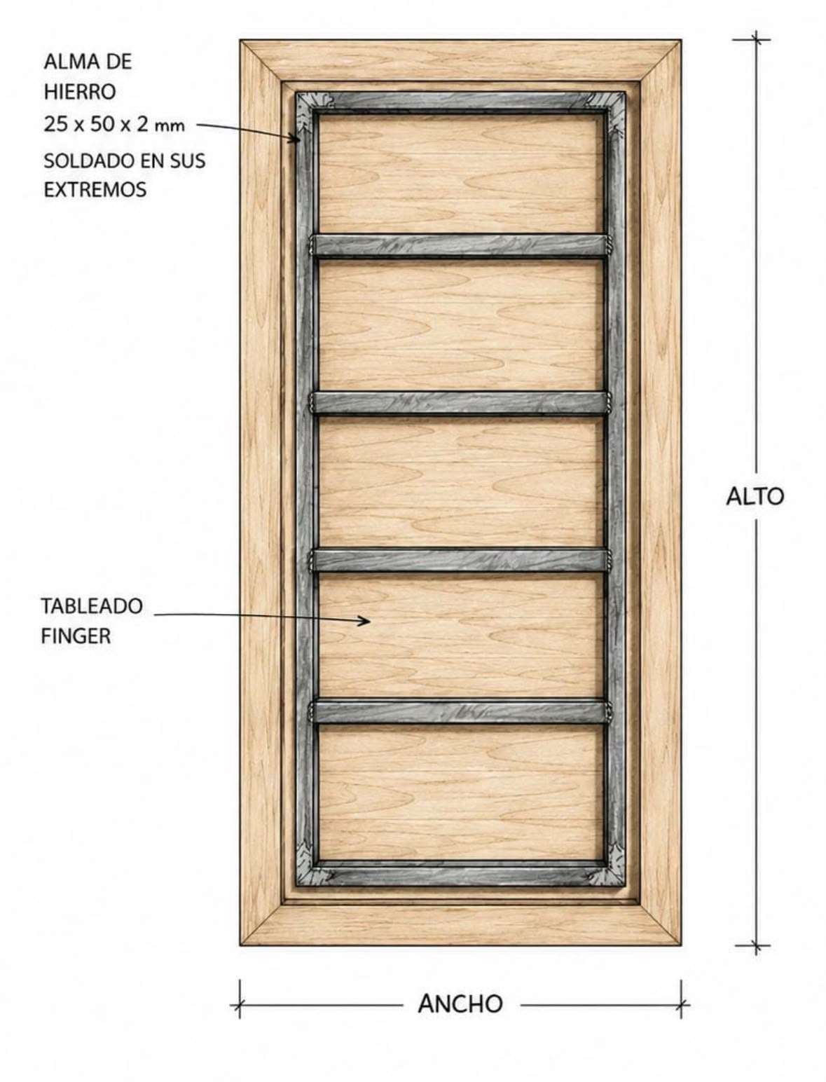 Diagrama del interior de una puerta Nativo Designs: bastidor de hierro de 25 x 50 x 2 mm soldado en sus extremos y tableado finger joint